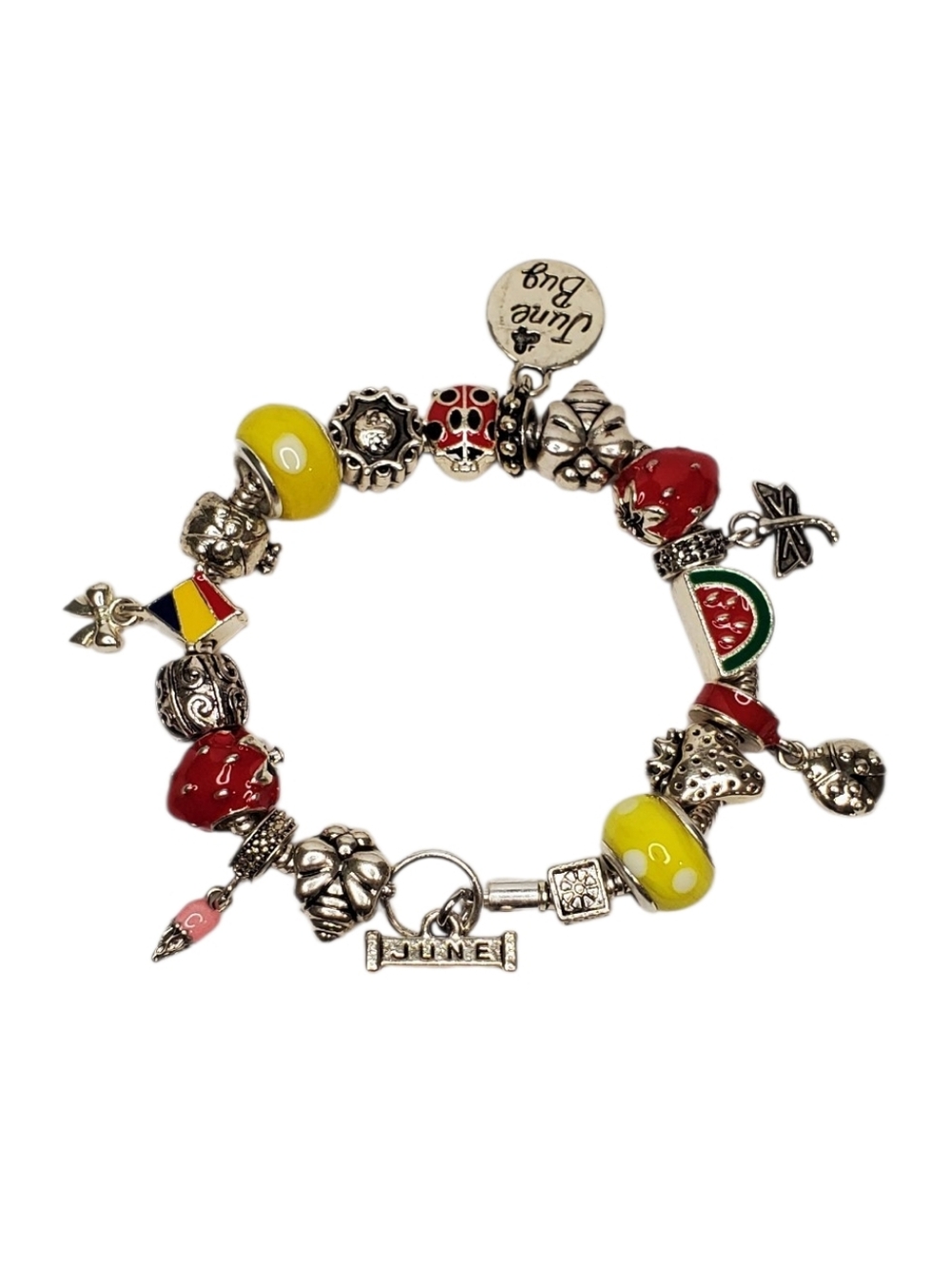 Estate Willabee & Ward Silver-Tone June Charm Bracelet Bugs Fruit Summer Theme